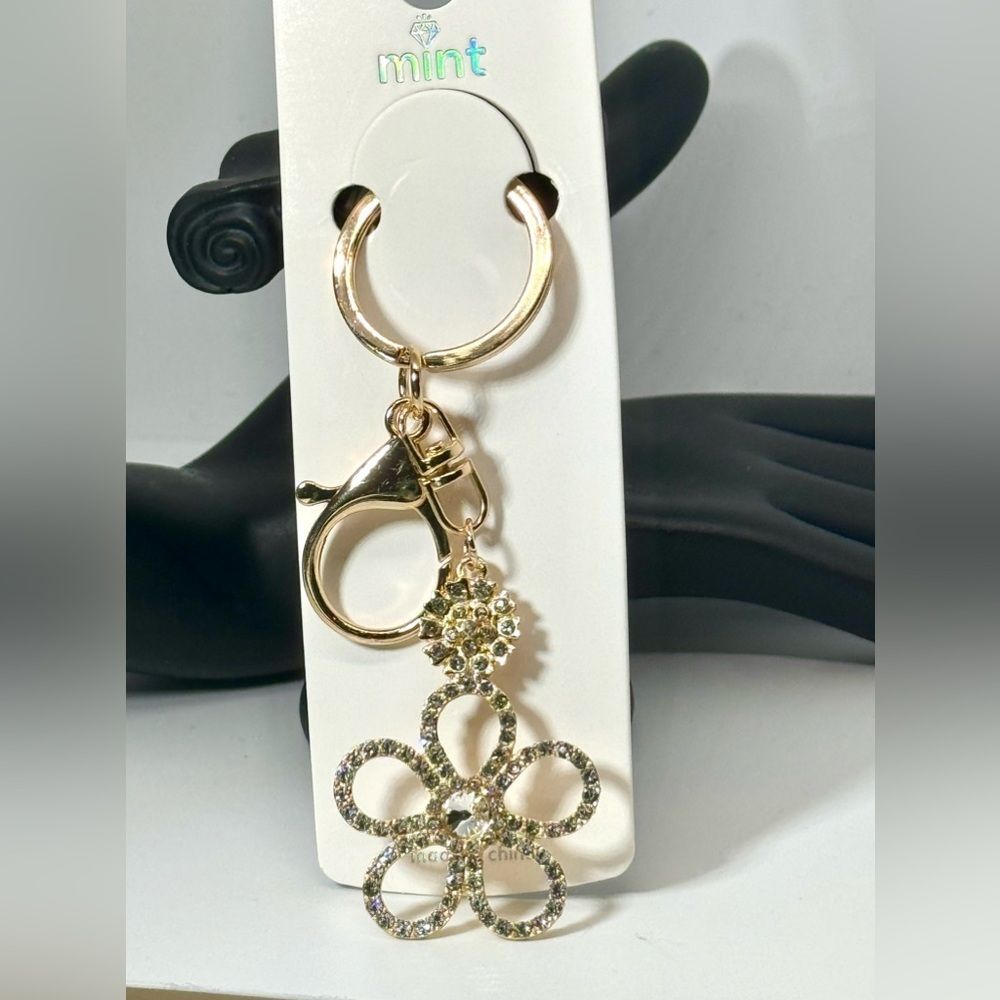 Crystal Flower Keychain Charm -  Gold Accent
